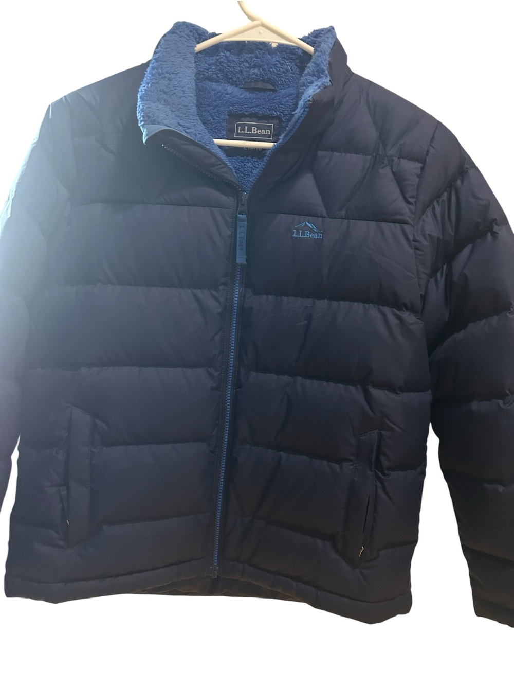 L.L.Bean Men's Navy Puffer Jacket with Blue Fleece Lining size 14-16